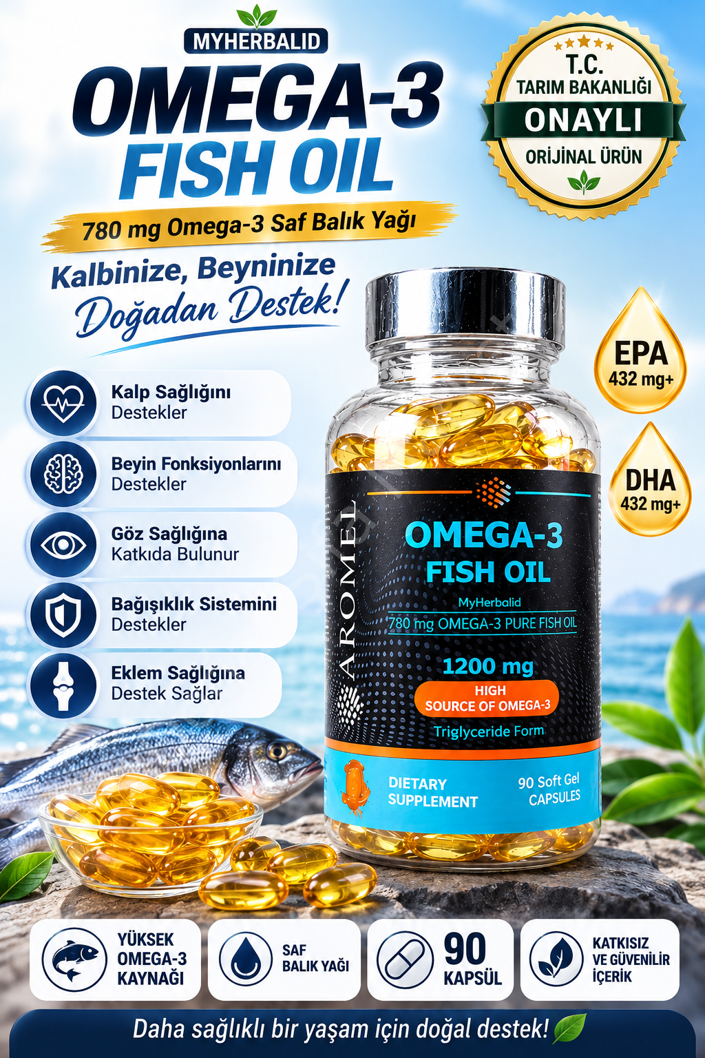 Aromel Omega 3 Balık Yağı | 90 ad Softgel | ‎1200 mg Yüksek Omega Kaynağı